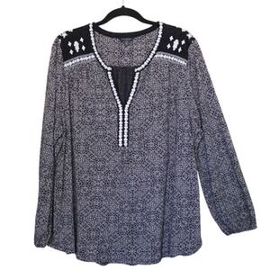 Lucky Brand Top Womens 3X Black‎ White Boho Embroidered Peasant Top Long Sleeve